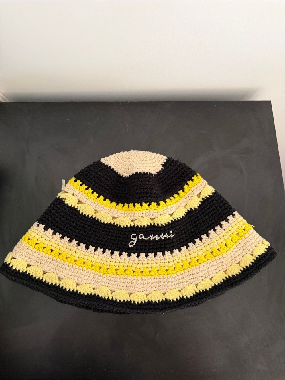 Ganni Black, Yellow & Cream Crochet Bucket Hat
